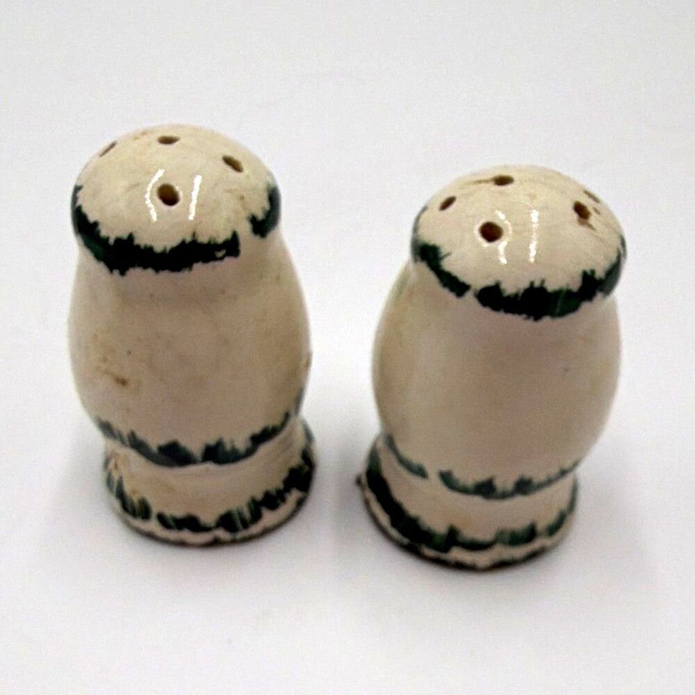 Ceramic Salt & Pepper Shakers Set of 2 White Green Abstract Round Glossy